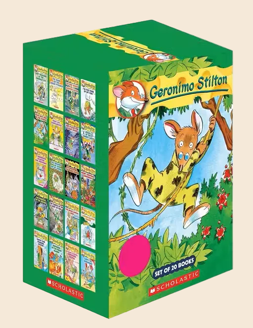 Green Geronimo Stilton 20-book paperback box set with illustrated slipcase featuring Geronimo swinging.
