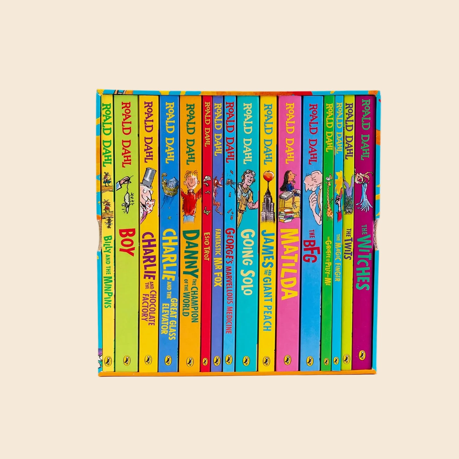 Colorful Roald Dahl 16-book paperback box set in a sturdy illustrated slipcase, featuring classic titles.