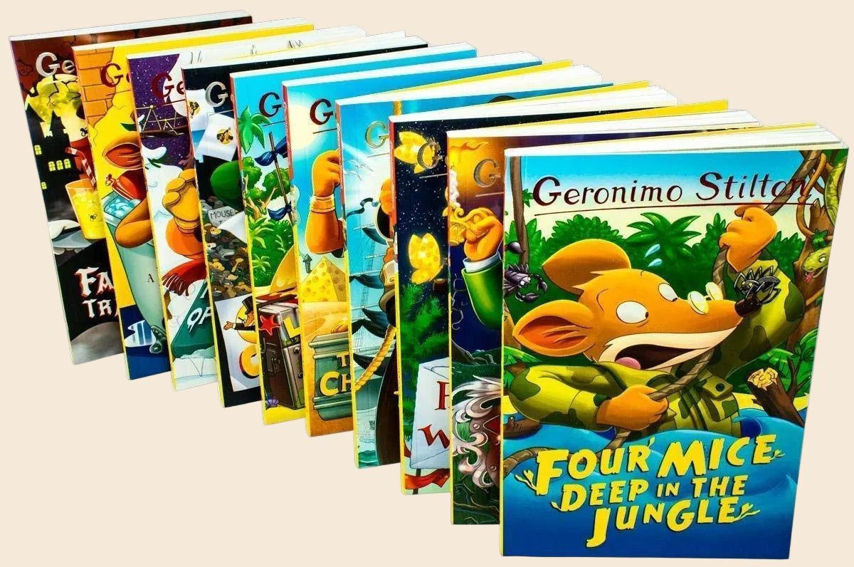 Colorful Geronimo Stilton 20-book paperback box set, featuring illustrated covers and yellow spines.