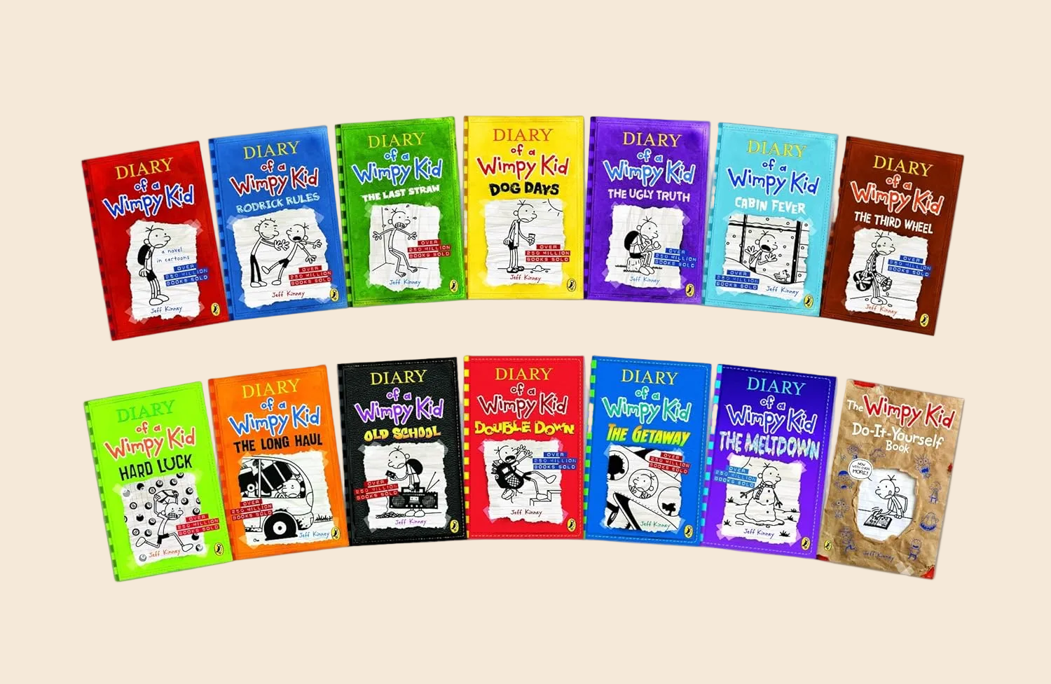 Colorful Diary of a Wimpy Kid 13-book paperback box set, featuring various titles and cartoon illustrations.