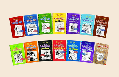 Colorful Diary of a Wimpy Kid 13-book paperback box set, featuring various titles and cartoon illustrations.