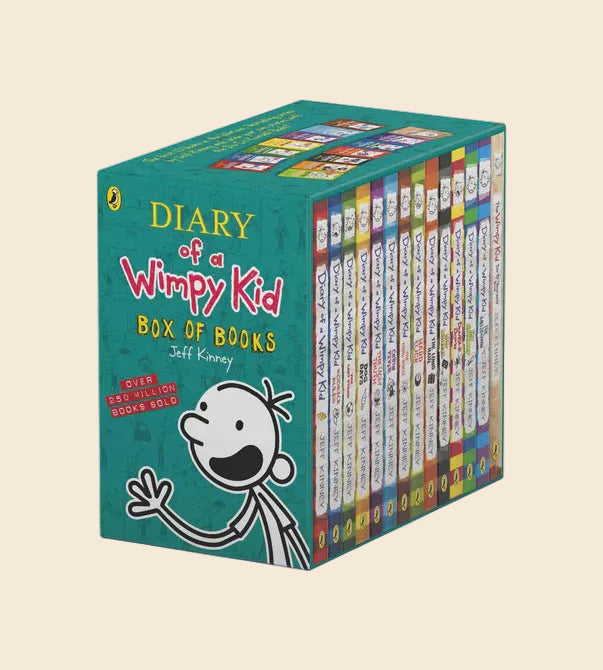Turquoise Diary of a Wimpy Kid 13-book paperback box set featuring Greg Heffley illustration.