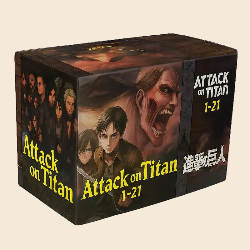 Attack on Titan 21-book paperback manga box set with Eren, Mikasa, and a Titan on the dark illustrated slipcase.