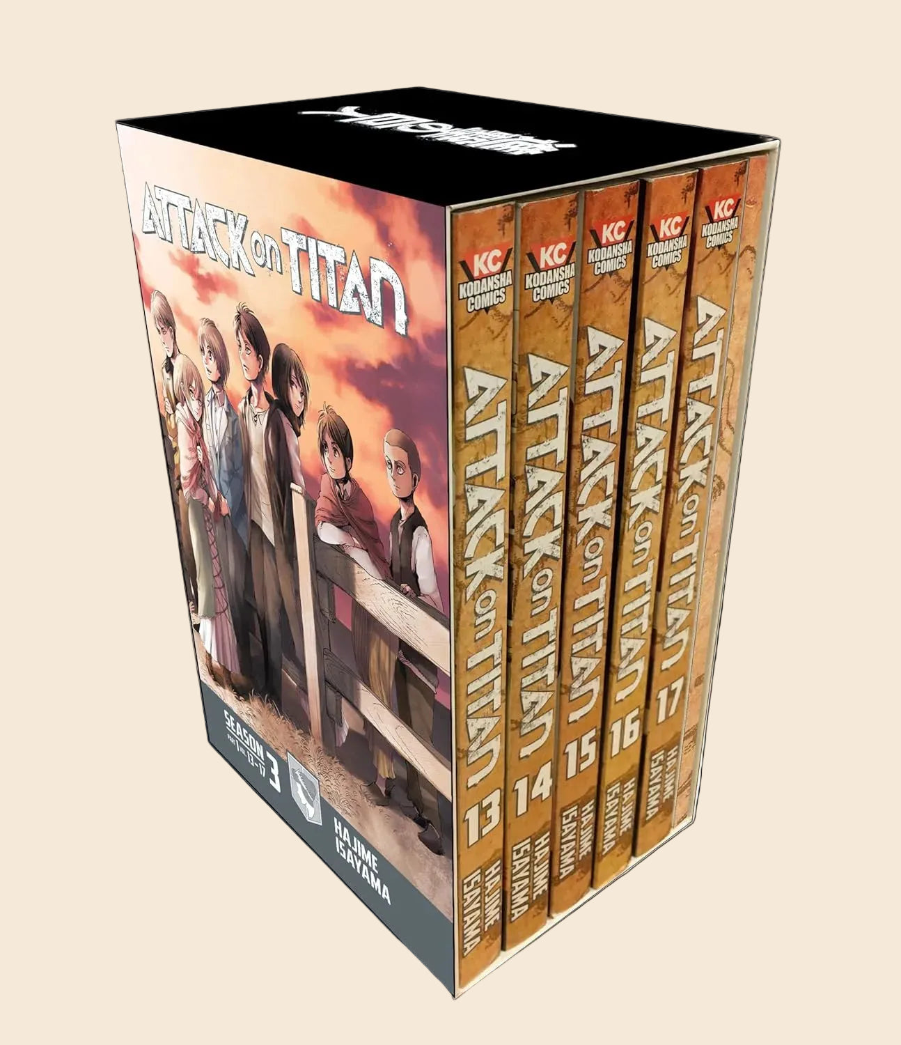 Attack on Titan manga box set, 4 paperback volumes with illustrated slipcase featuring main characters.