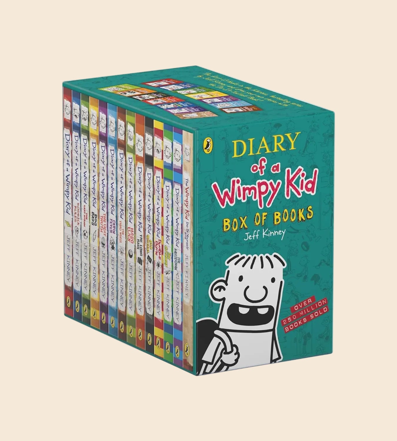 Green Diary of a Wimpy Kid 13-book paperback box set with Greg Heffley illustration.