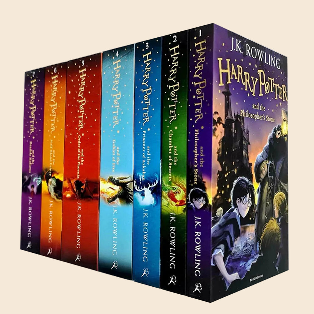 Harry Potter 7-book paperback box set with colorful spines and illustrated slipcase.