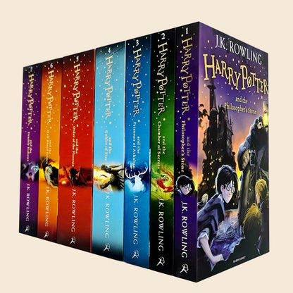 Harry Potter 7-book paperback box set with colorful spines and illustrated slipcase.