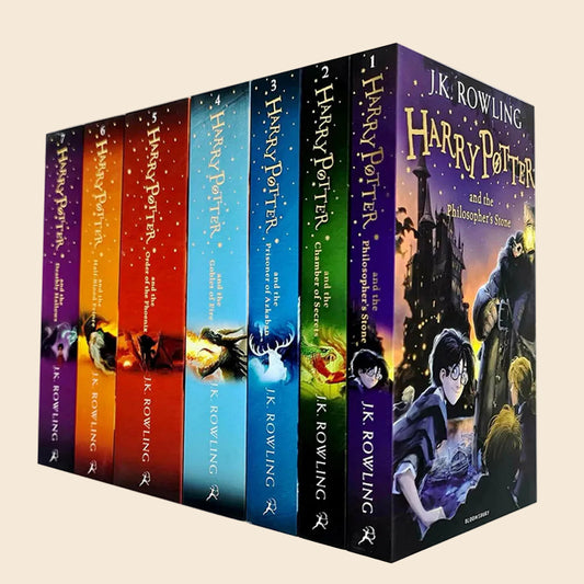 Harry Potter 7-book paperback box set with colorful spines and illustrated slipcase.