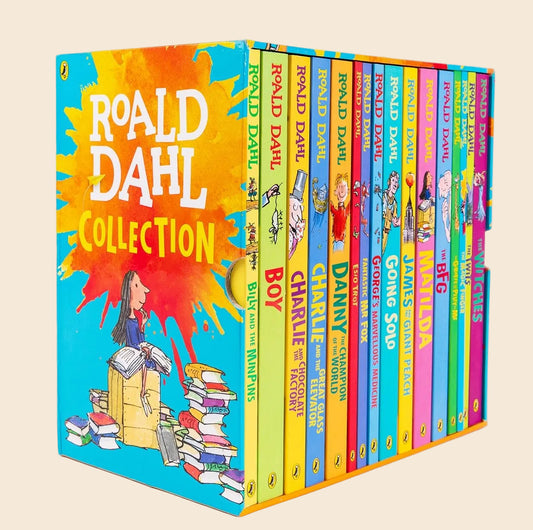 Colorful Roald Dahl 16-book paperback collection in a vibrant blue and yellow illustrated slipcase.
