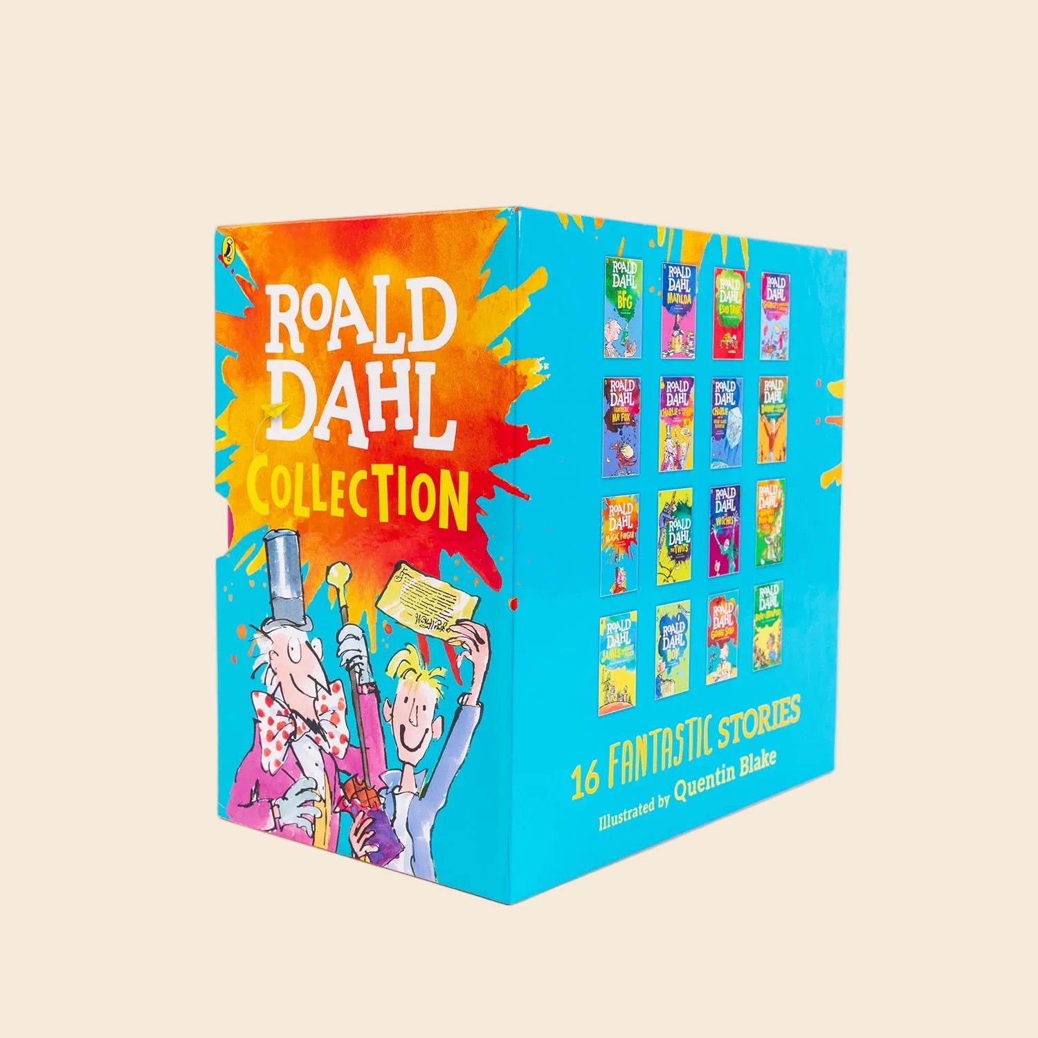 Roald Dahl 16-book paperback collection in a vibrant blue slipcase with Quentin Blake illustrations.