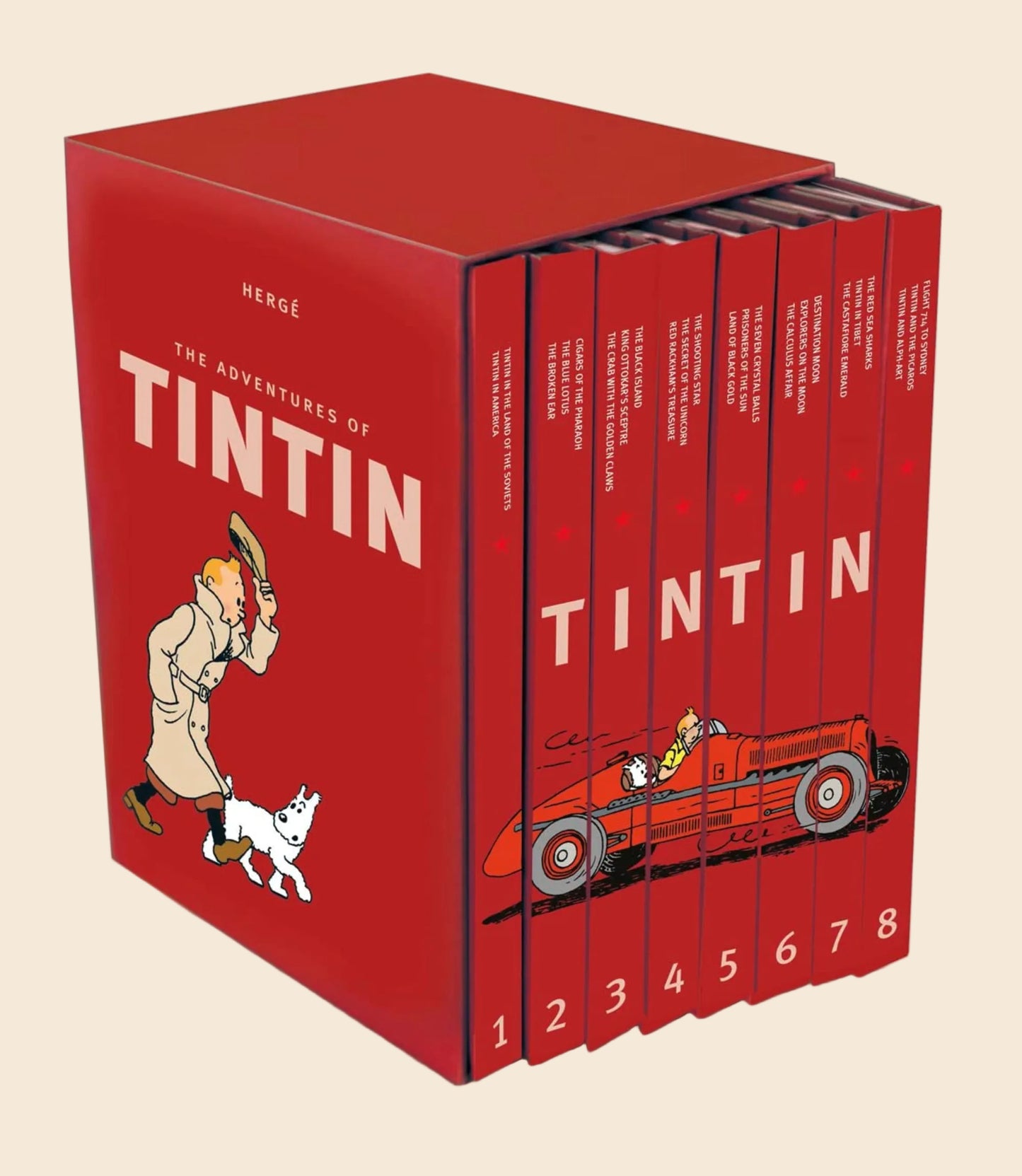 Red hardcover Tintin 8-book box set with classic character art and numbered spines.