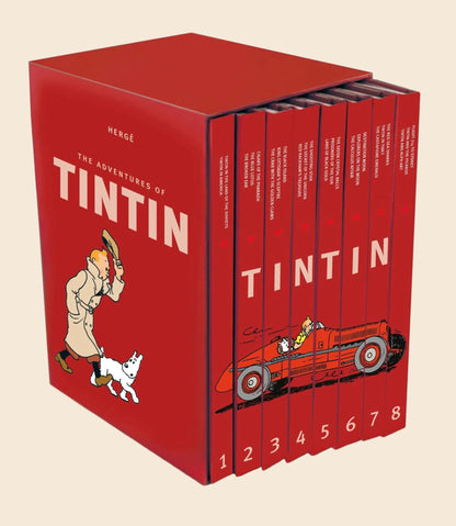 Red hardcover Tintin 8-book box set with classic character art and numbered spines.