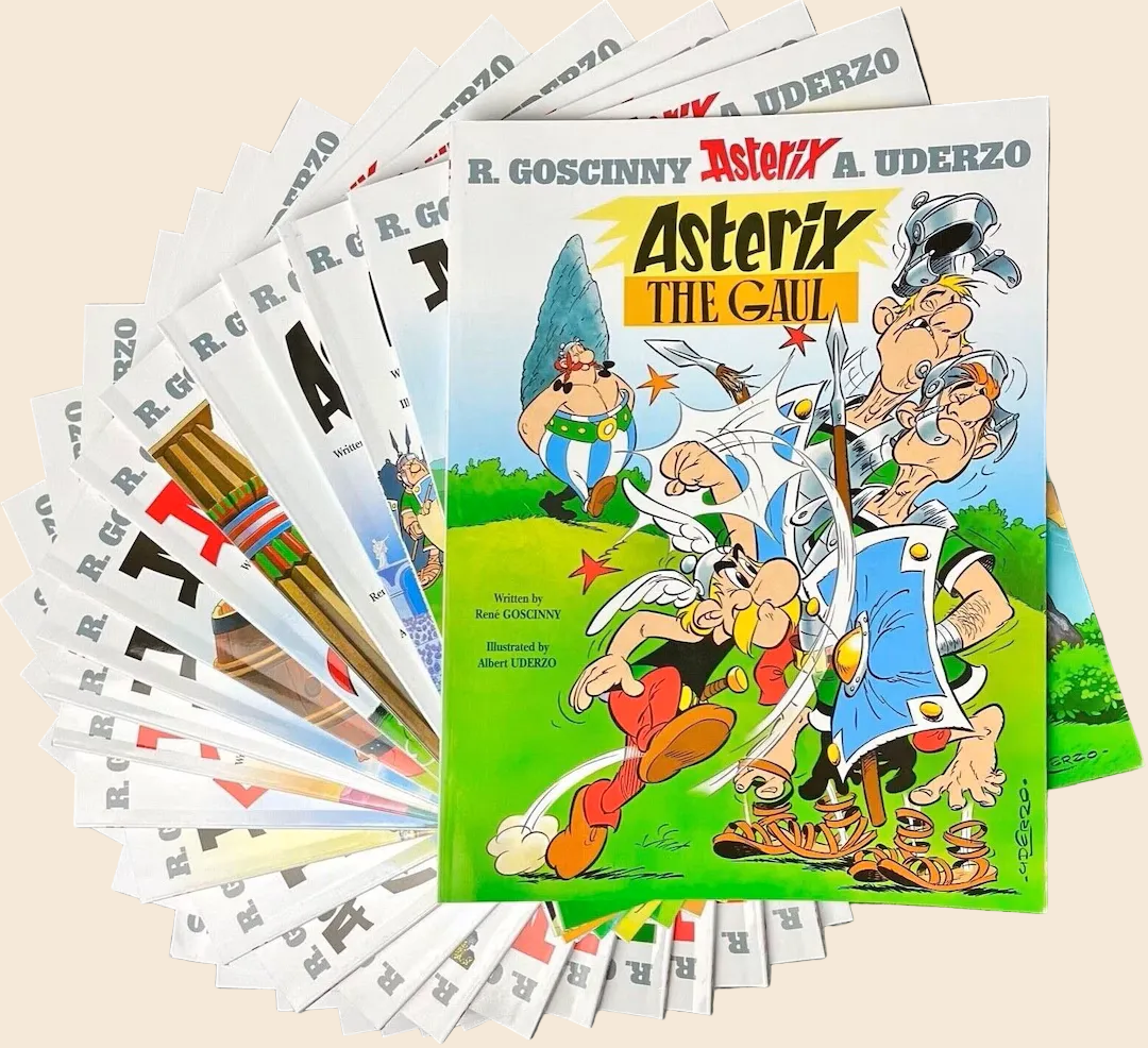 The Complete Asterix 39-Book Box Set, fanned out to show the colorful "Asterix the Gaul" paperback cover.