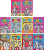 Ten colorful Dork Diaries paperback books with illustrated covers featuring Nikki Maxwell in various poses.