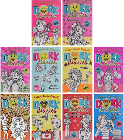 Ten colorful Dork Diaries paperback books with illustrated covers featuring Nikki Maxwell in various poses.